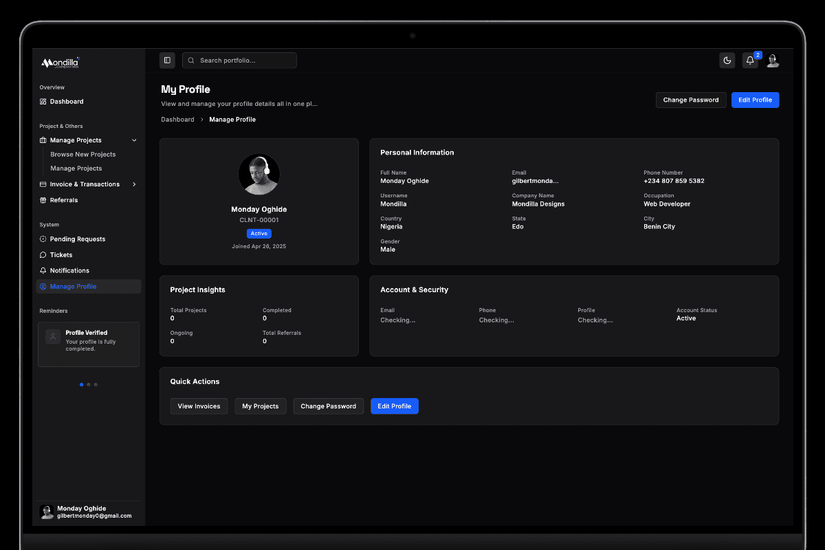 Mondilla Client Profile Desktop