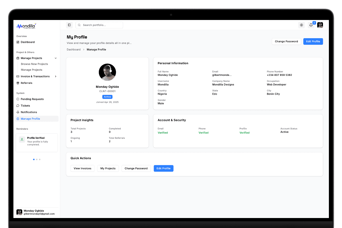 Mondilla Client Profile Desktop